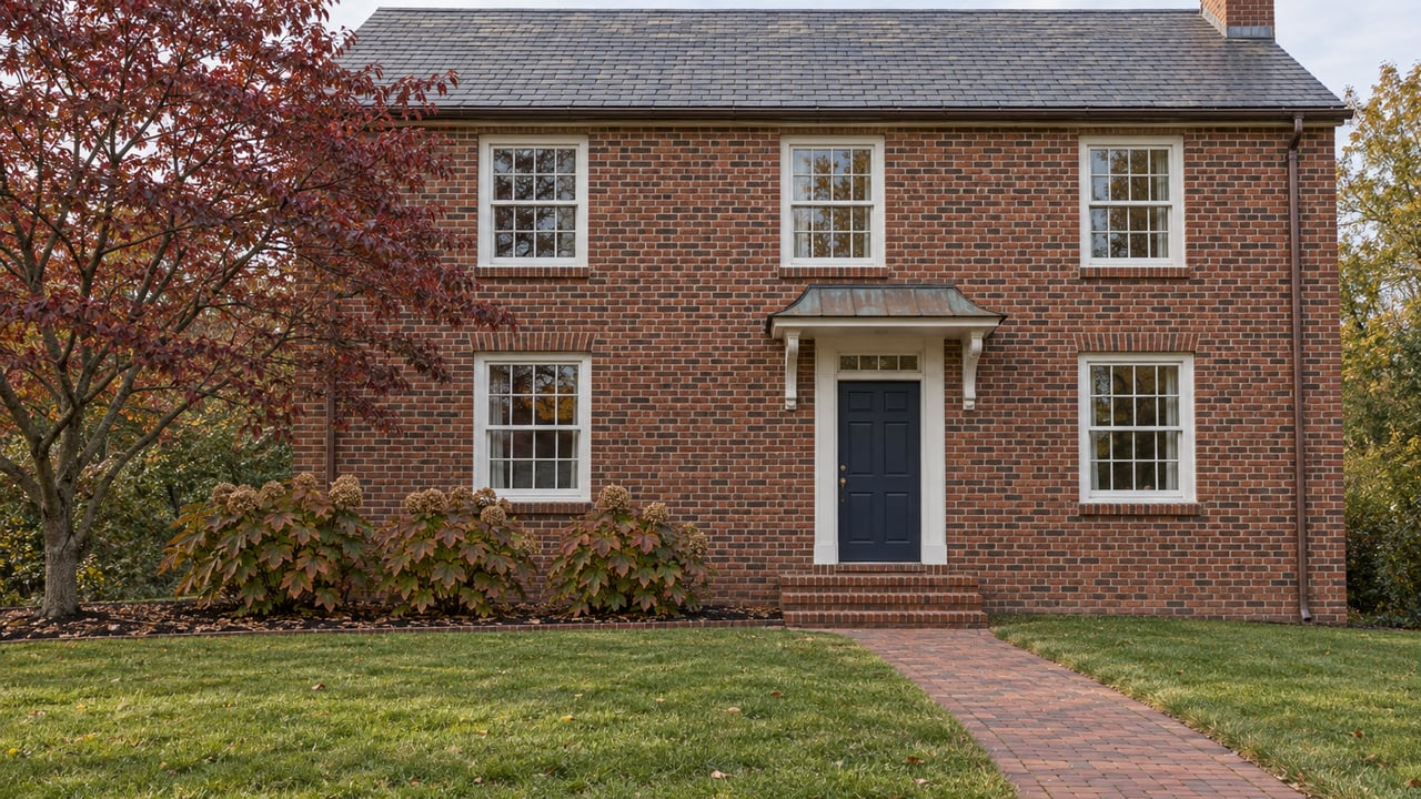 Traditional red brick house with white sash windows, a blue entry door and a deep autumn lawn beside a brick walk.