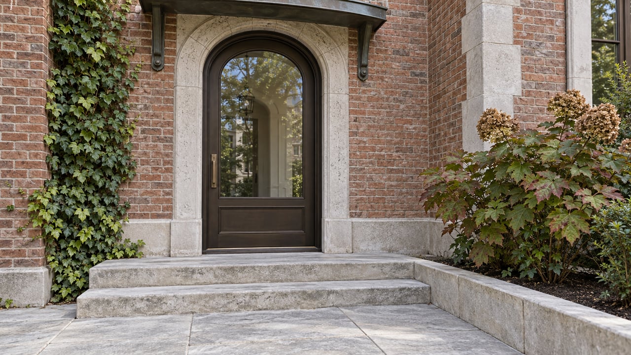 Arched bronze-and-glass residential door framed by limestone and red brick, with broad stone steps, climbing ivy and autumn oakleaf hydrangea.