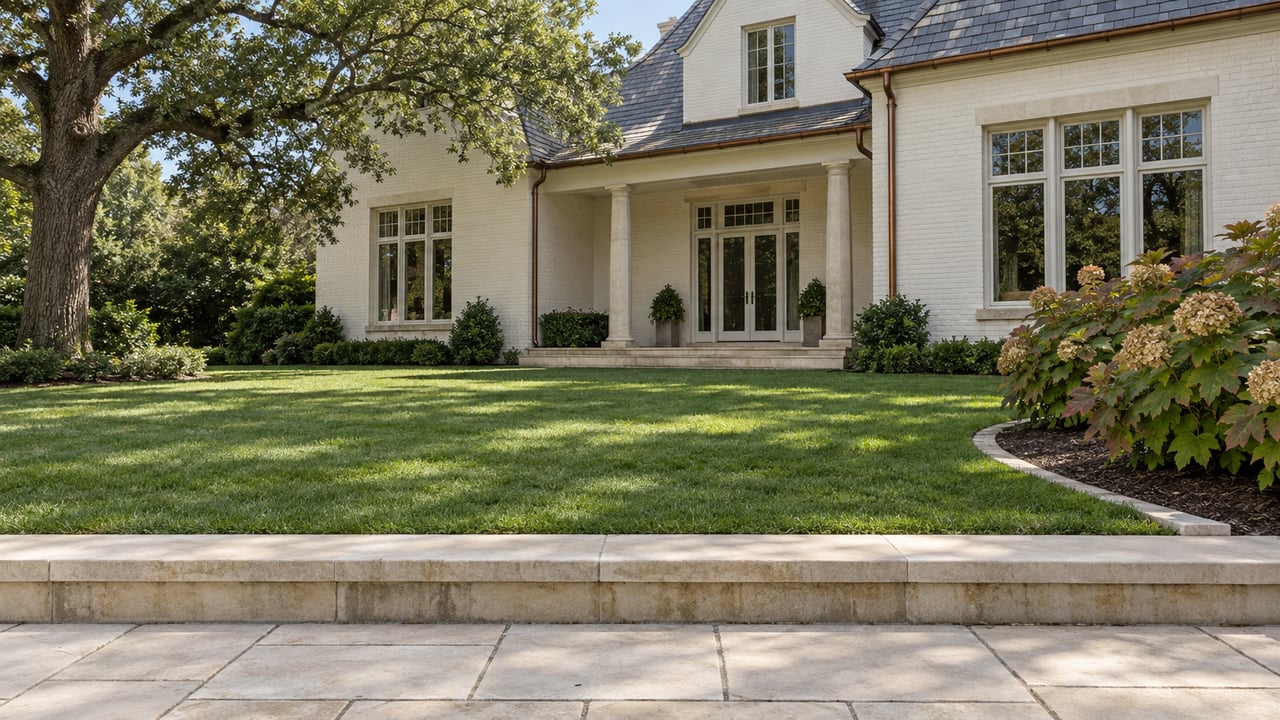 A cream painted-brick home with slate gables overlooks a broad lawn, mature live oak, and limestone garden terrace.