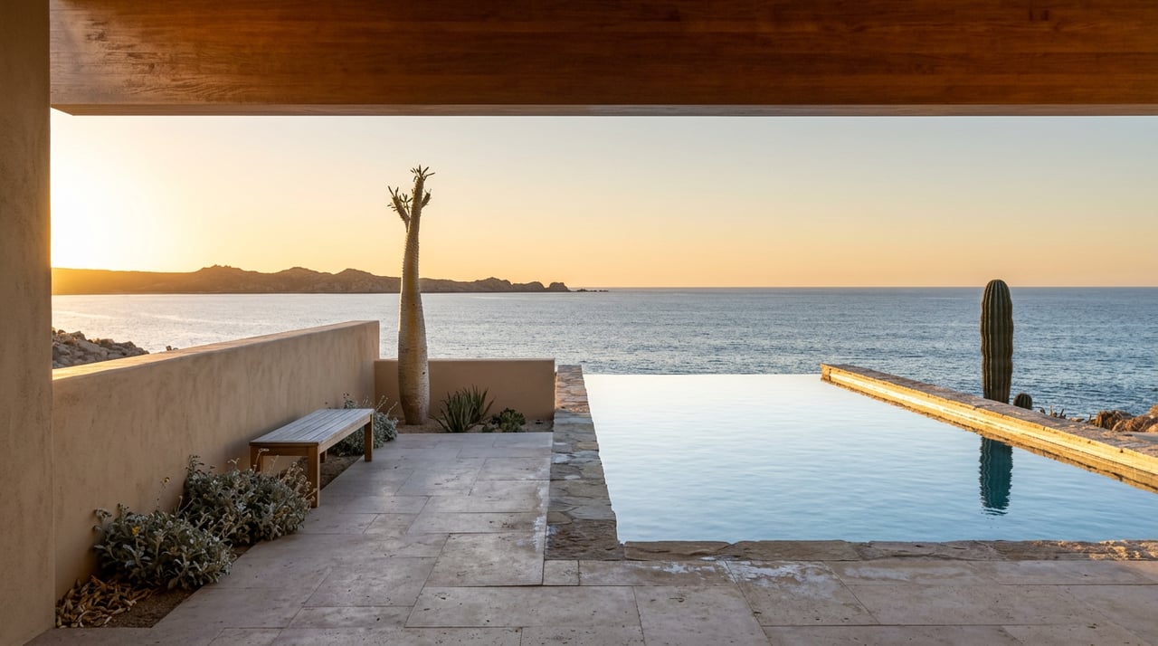 Stone terrace beneath a timber overhang, overlooking an infinity pool, open water, and sculptural desert cacti.
