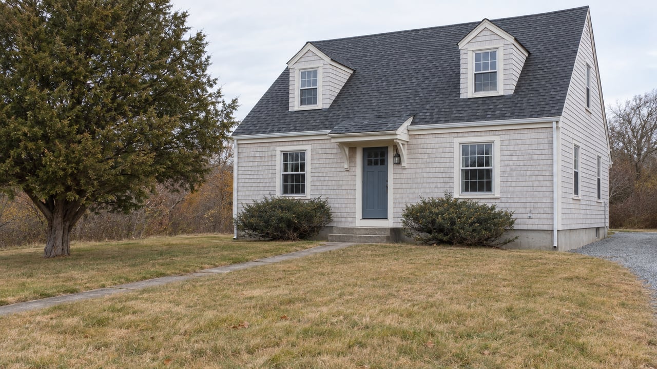 Weathered off-white house with two dormer windows, a narrow lawn path, and a cedar tree.