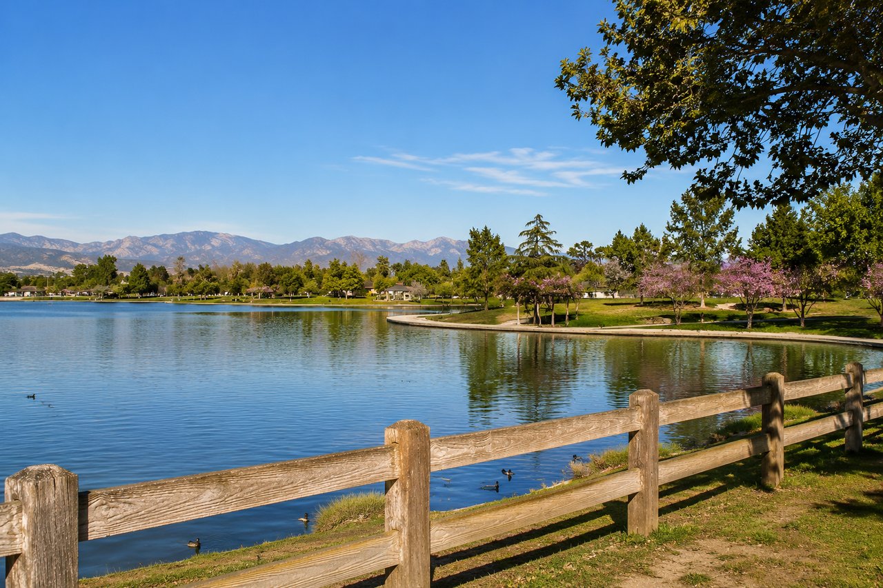Lake Balboa park loop with the lake and cherry blossom trees near Van Nuys, San Fernando Valley