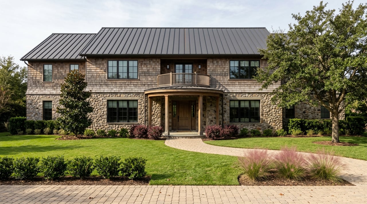 Two-story stone and cedar-shake home with a timber portico, curved paver drive, deep lawn, and mature trees.