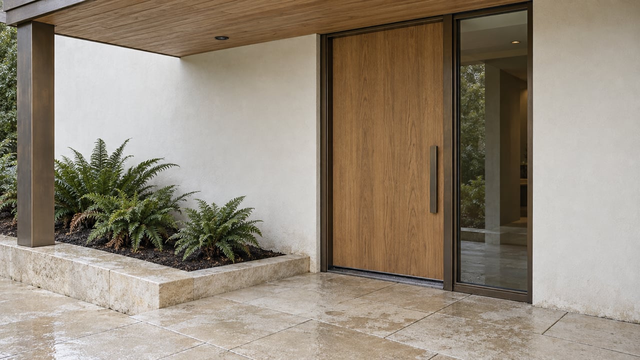 Sheltered modern home entrance with an oak door, bronze-framed sidelight, pale limestone paving and three sword ferns.
