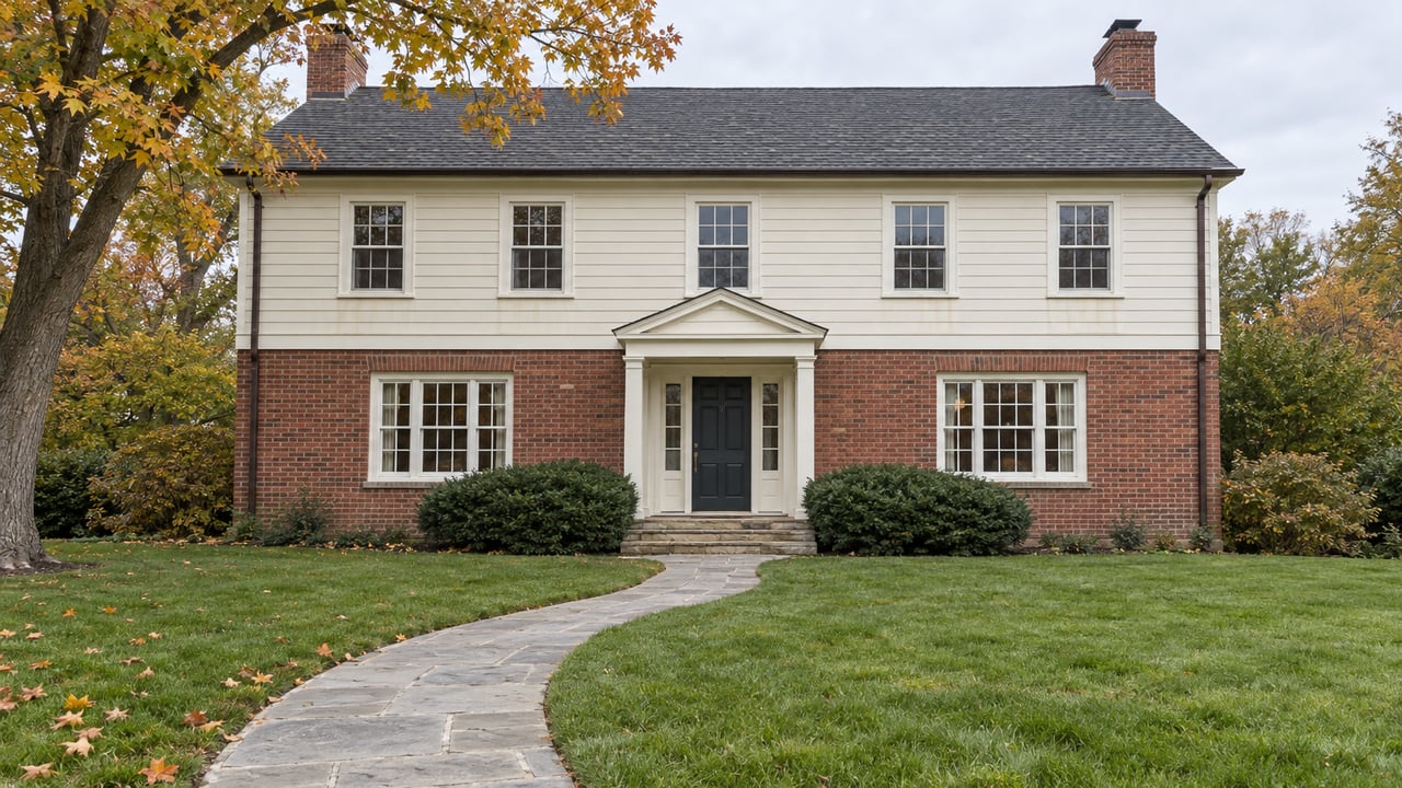 A symmetrical brick-and-ivory-clapboard home beyond a deep autumn lawn, with a stone entry walk and a mature maple.