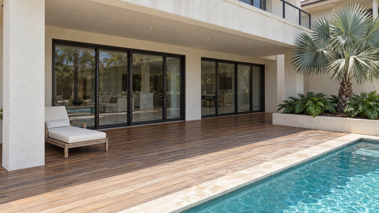 Covered timber terrace beside a turquoise pool, with cream stucco columns, dark-framed glass doors, a teak lounge and silver fan palm.
