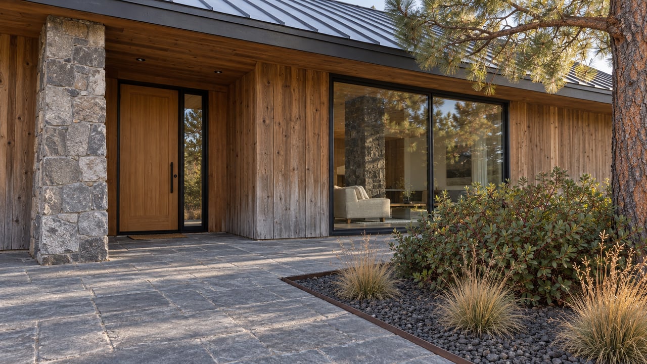 Cedar-sided home with a basalt porch pier, enclosed glass living-room opening, and autumn grasses beside a paved approach.