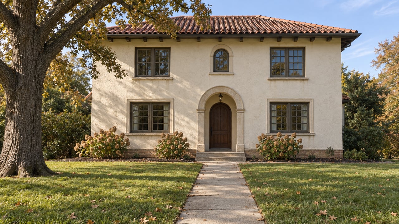 An older cream stucco house with clay roof tiles, an arched oak entry and mature oak beside a deep front lawn.