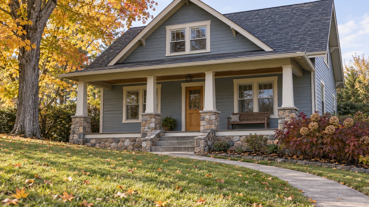 Blue-gray gabled cottage with a stone-based porch, sloping autumn lawn and a golden maple tree.