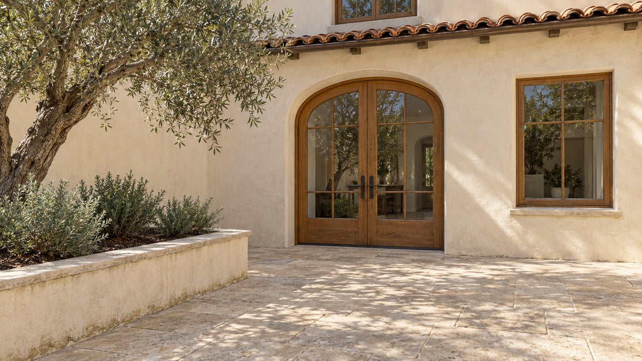 Cream stucco courtyard with paired glazed oak doors beneath an arch, terracotta roof tiles, limestone paving and a mature olive in a raised planting bed.