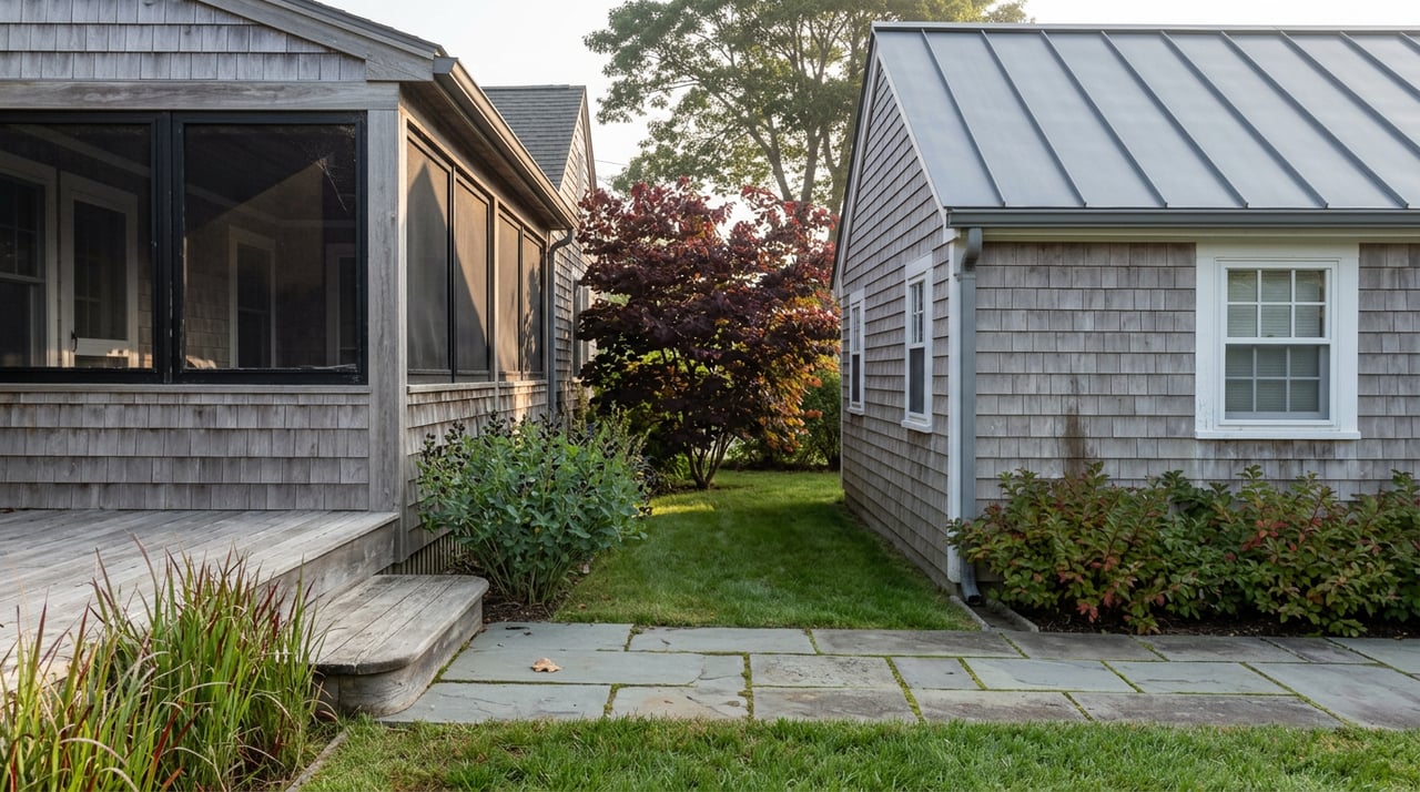 Bluestone patio beside a shingled cottage porch and garage, with burgundy foliage and red-tipped grasses.