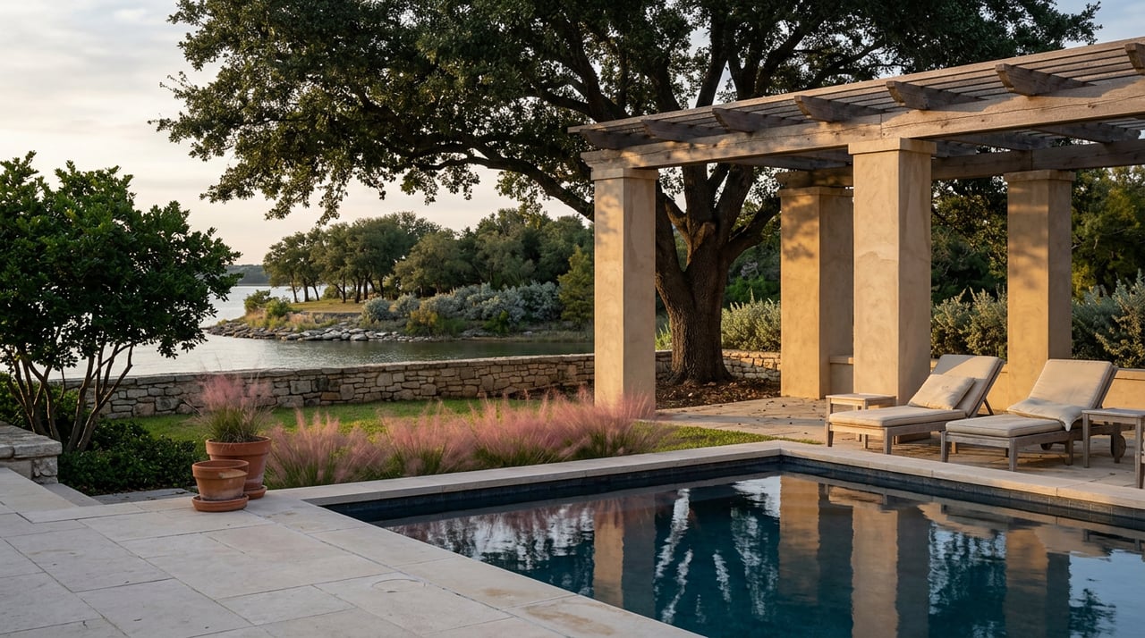 Stone loggia and cedar pergola beside a dark pool, shaded by a broad live oak overlooking the lake.