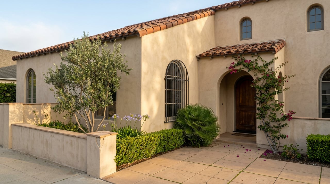 Two-story stucco home with arched windows, a tiled roof, olive tree, and magenta petals on the walkway.
