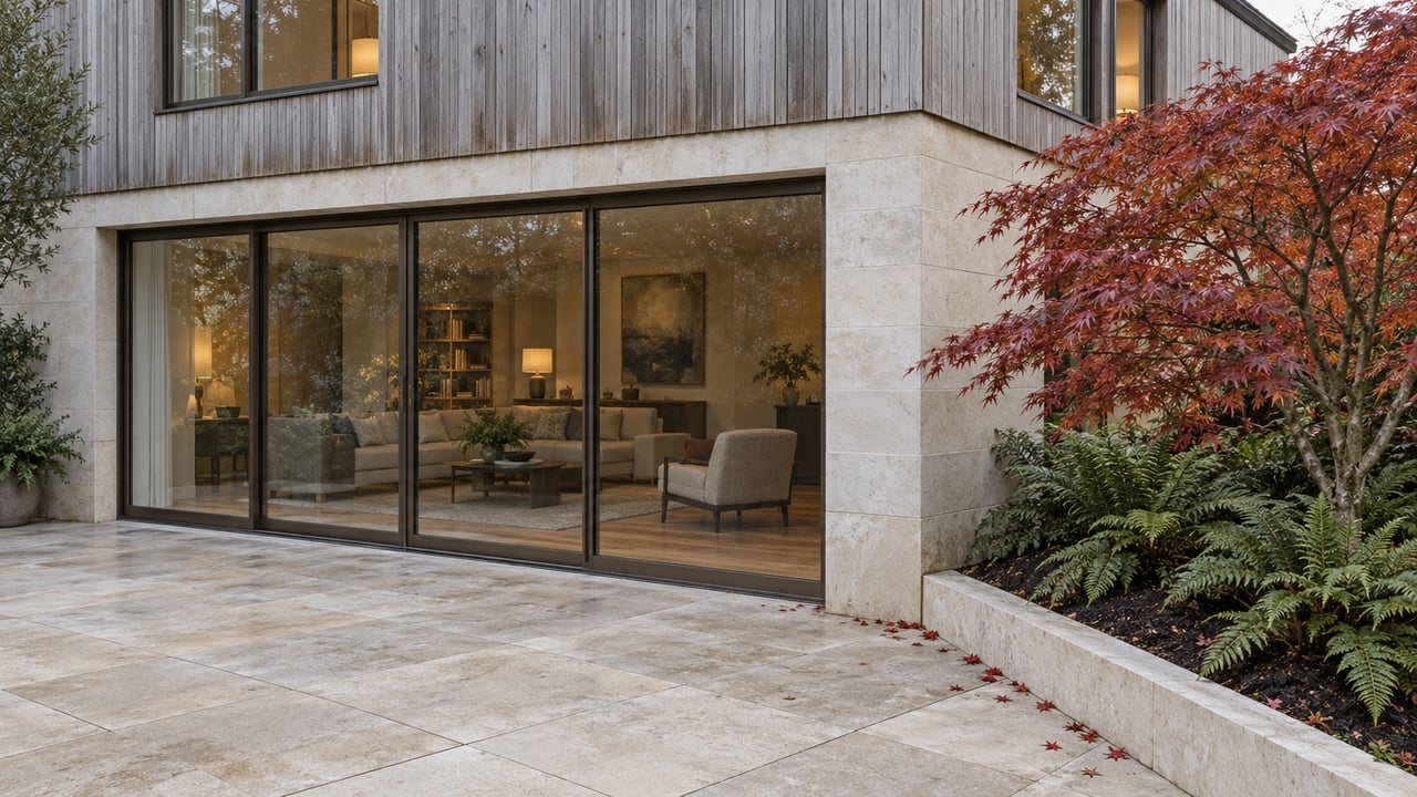 Two-story cedar and limestone home beside a paved terrace, with a Japanese maple and ferns in a raised bed.
