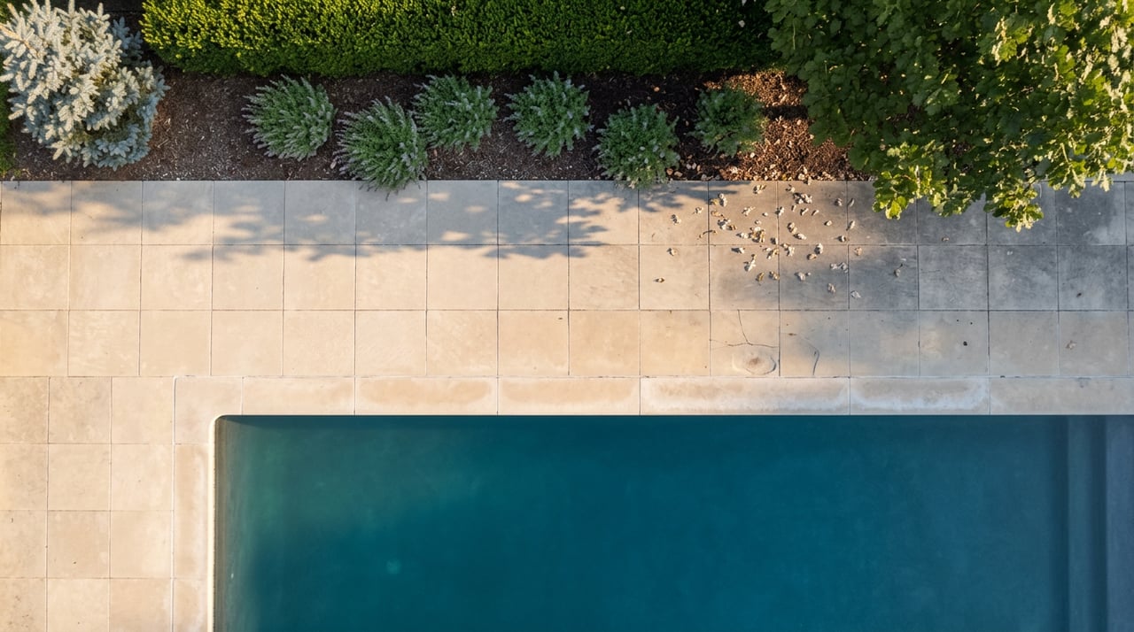Reflecting pool bordered by buff limestone, scattered oak leaves, clipped boxwood, and silver-green plant mounds.