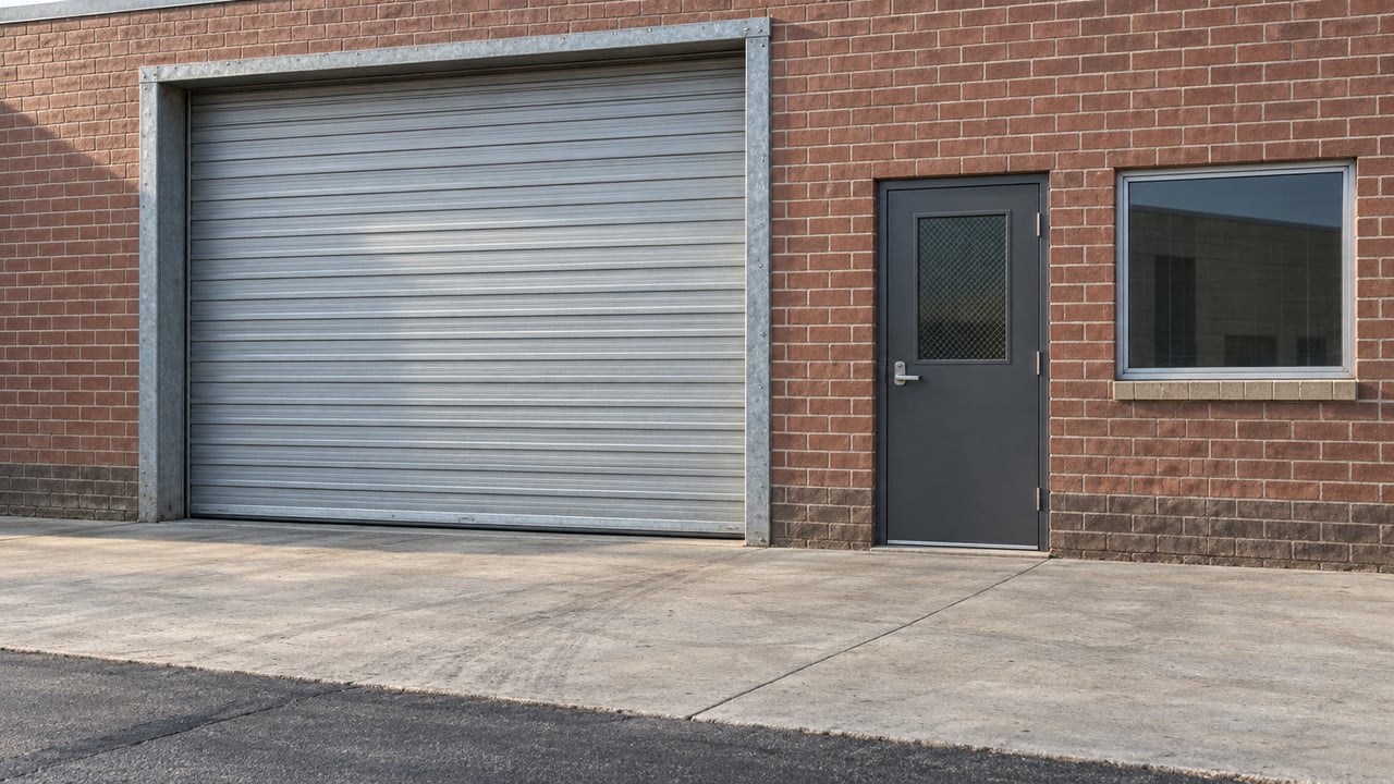 Weathered brick warehouse entrance with a closed galvanized loading door, glazed office entry and concrete vehicle apron.