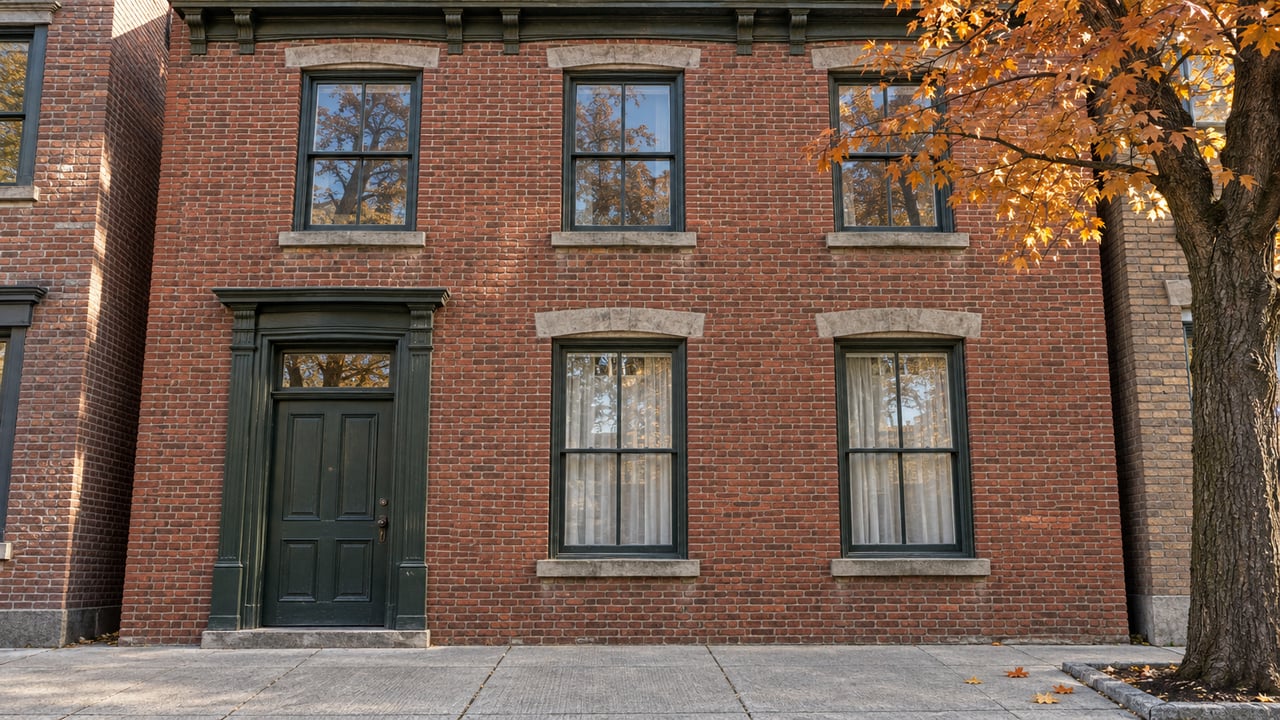 Red brick residential frontage with tall sash windows, a green entrance door, and a concrete sidewalk beneath copper-orange maple leaves.