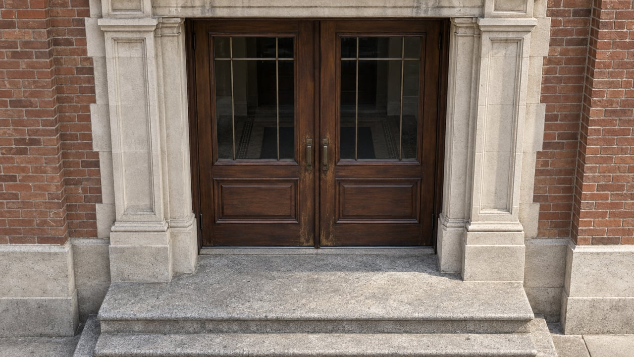Paired walnut-and-glass residential doors framed by carved limestone above worn granite entrance steps.