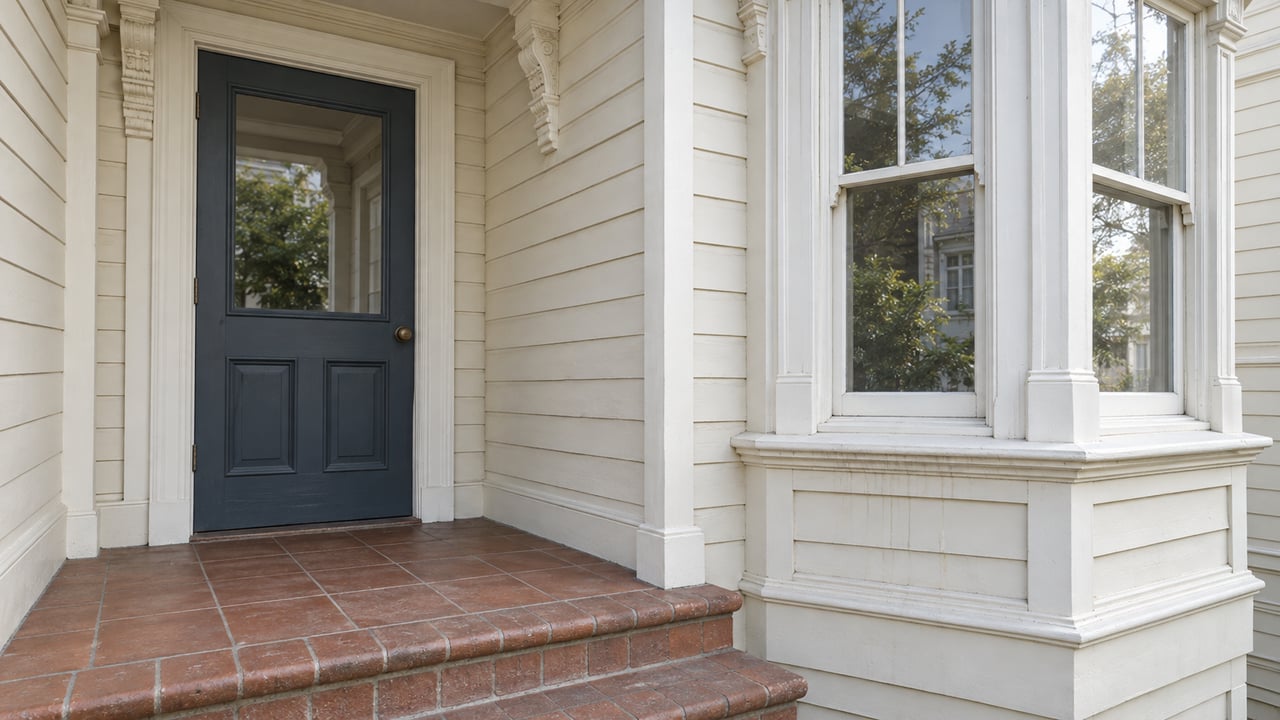 Cream-painted wood entrance and tall bay window above a worn terracotta landing, with carved brackets and blue-gray door.