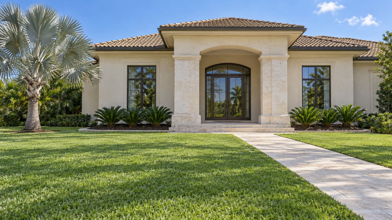 Sunlit ivory stucco estate with an arched limestone portico, broad green lawn, and a silver fan palm.