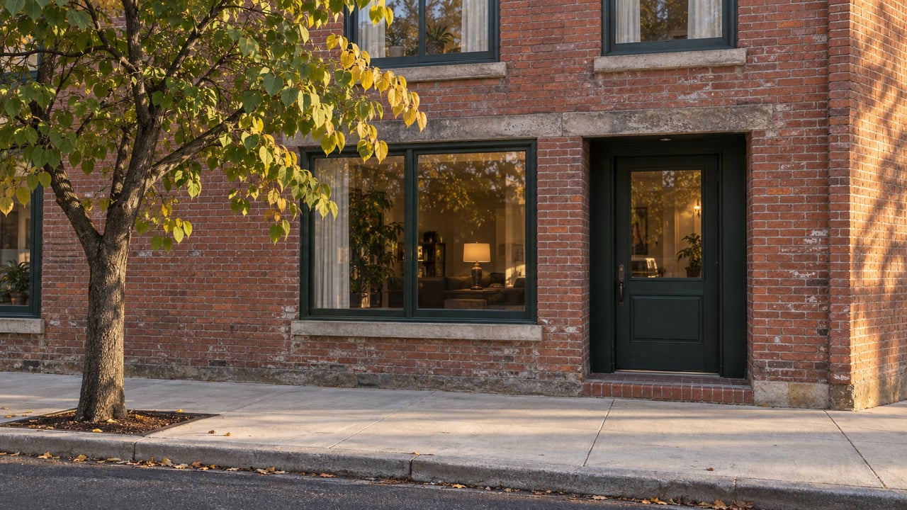 Renovated red-brick loft entrance with a dark green glazed door, sidewalk tree, and new concrete paving.