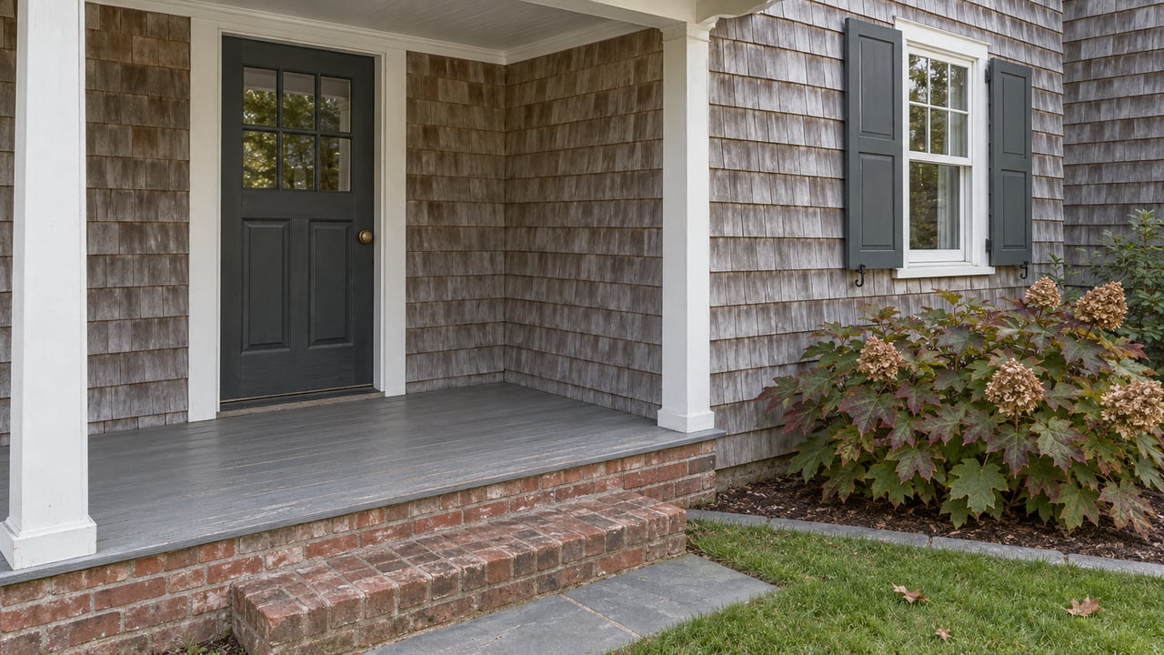 Weathered cedar-shingle entry with a charcoal door, white trim, paired shutters and worn brick steps beside an oakleaf hydrangea.