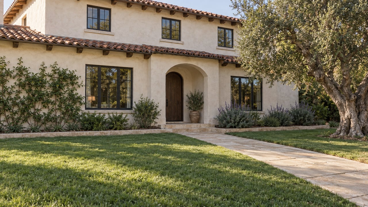 Ivory stucco home with terracotta roof, arched oak entry, limestone walk and a mature olive tree beside a broad front lawn.