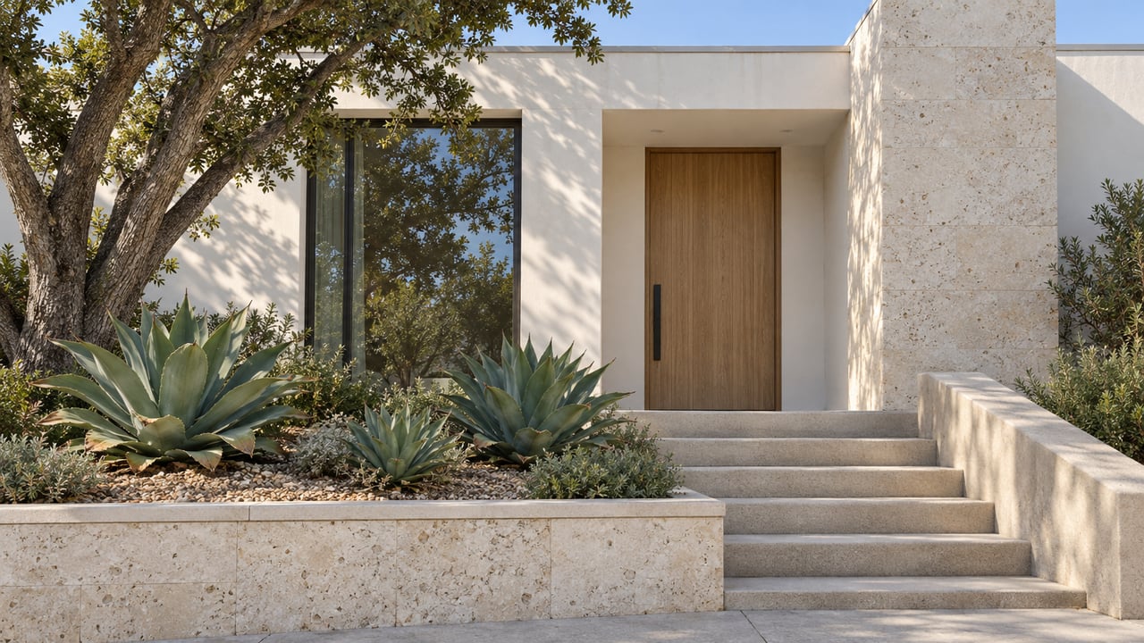 Contemporary white-stucco home with a recessed oak entry, limestone retaining wall, concrete steps and sculptural agaves beneath a mature oak.