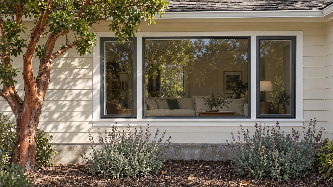 Ivory wood siding and a charcoal-framed picture window above sage planting, with a sculptural strawberry tree beside the bay.