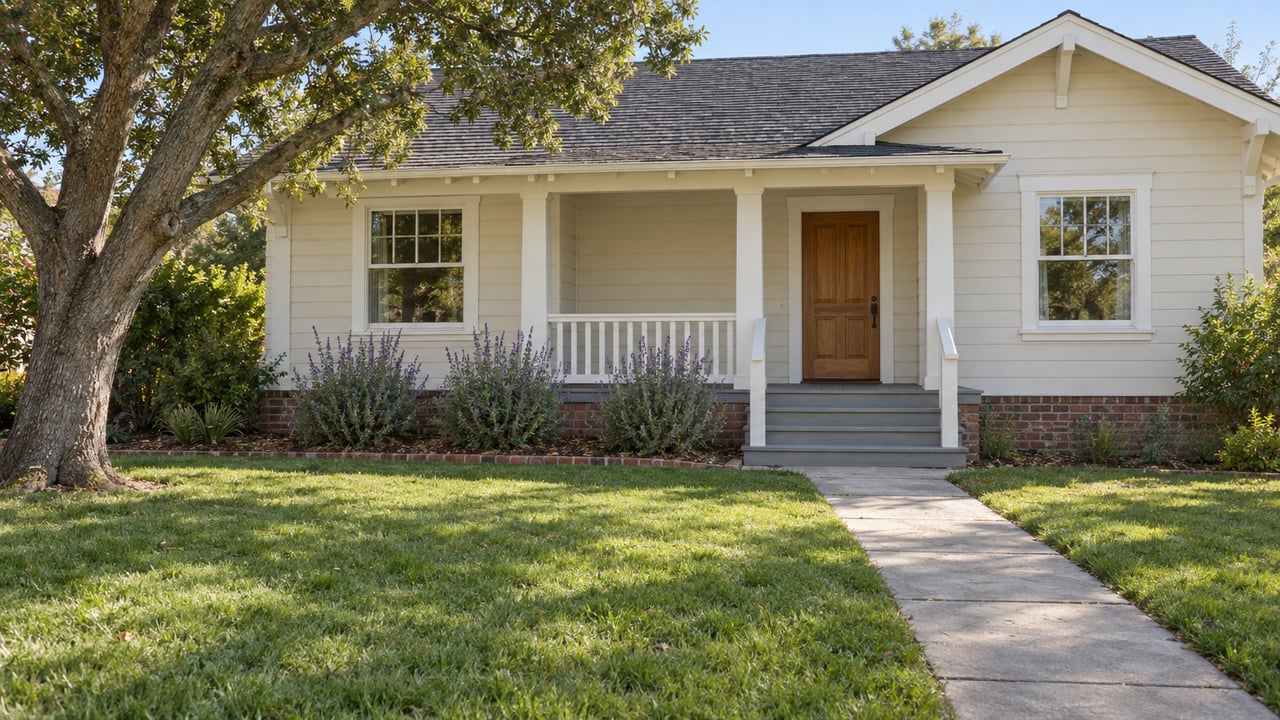 Cream wood-sided home with a covered porch, oak tree, and a concrete path across an established front lawn.
