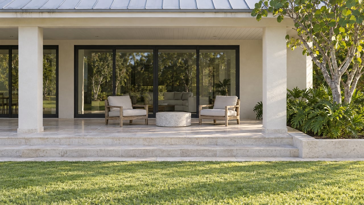 A white stucco estate terrace with limestone steps, teak seating, black-framed glass doors and a broad green lawn.