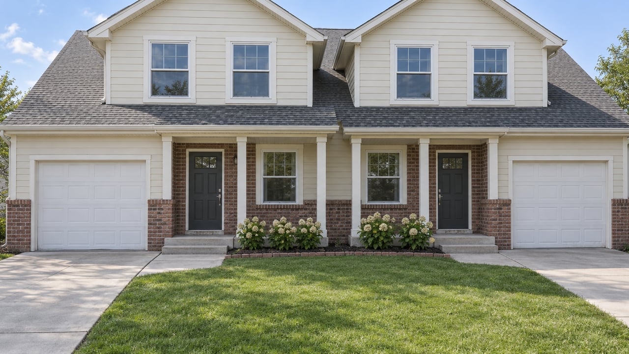 Two attached homes with cream lap siding, red brick entry bays, white garage doors and short concrete walks beside hydrangea beds.