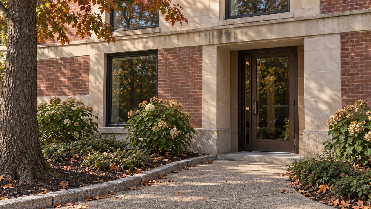Recessed glazed entrance in a brick and limestone facade beside hydrangeas and a curved concrete path.