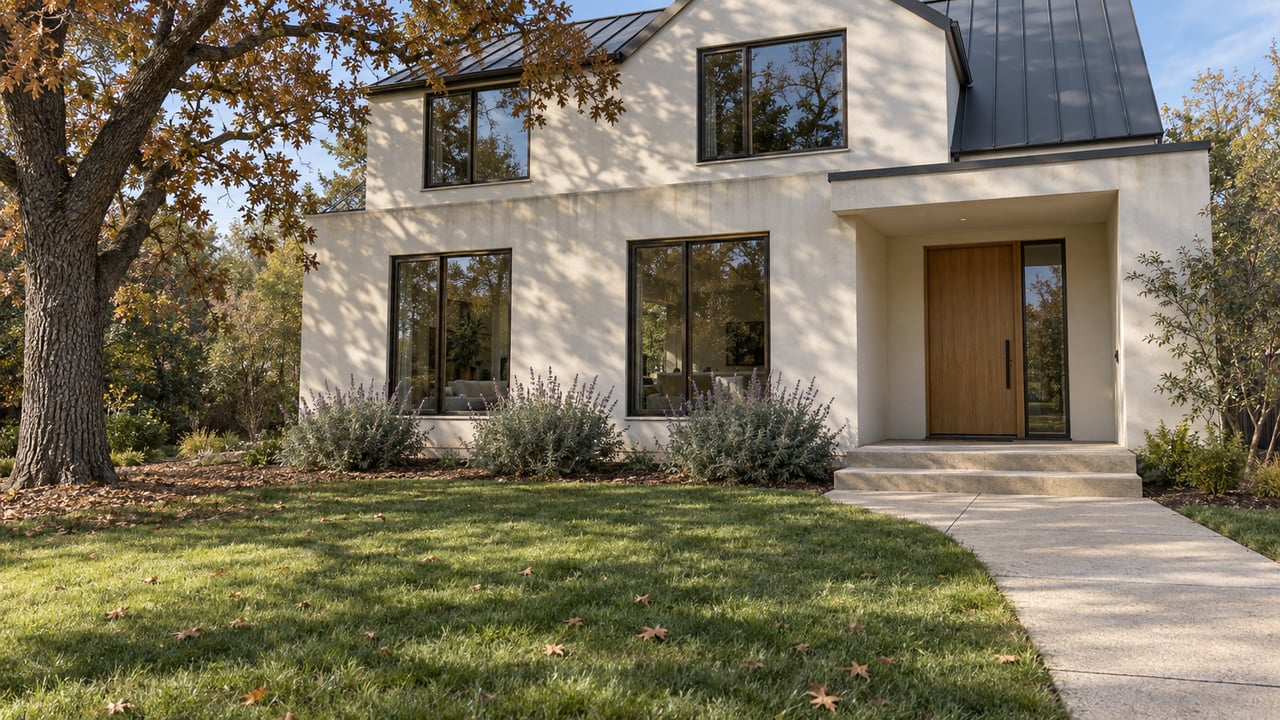 Warm-white two-story home behind a deep front lawn, with bronze-framed windows, an oak entry door and a mature oak tree.