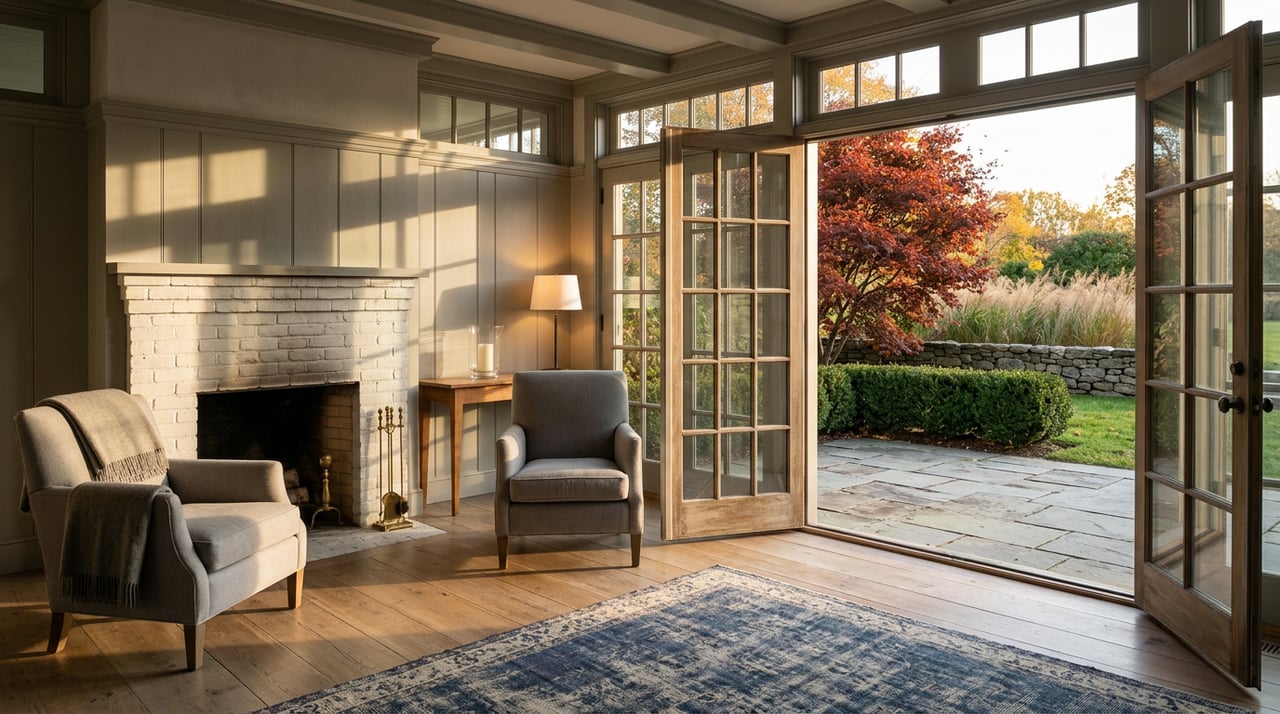 Paneled garden room with open glazed doors, painted brick fireplace, and red-orange maple outside.