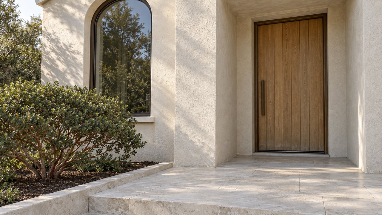 Sunlit cream stucco entrance with a tall bronze-framed arched window, oak door, limestone landing and sculptural manzanita.