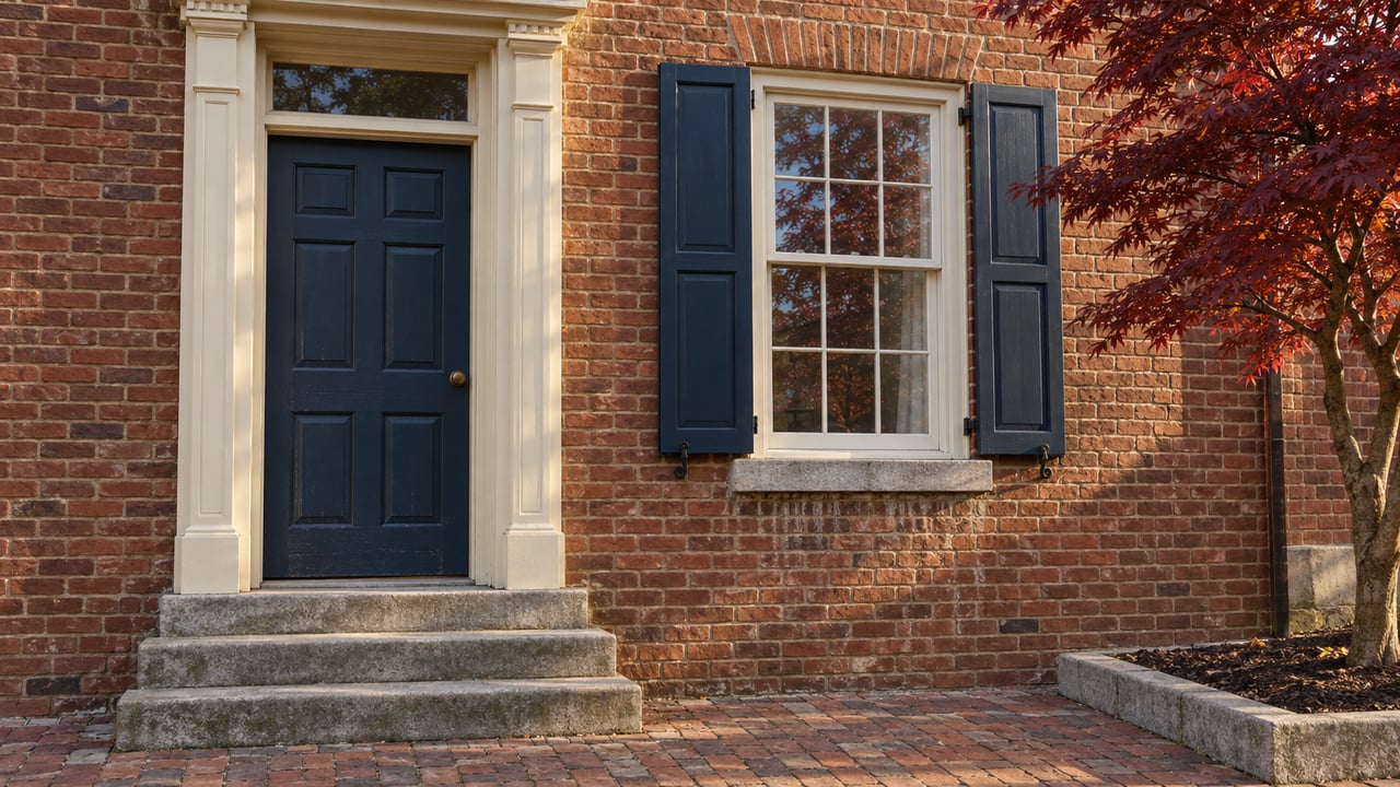 Red-brown brick townhouse entrance with a deep blue door, ivory trim, worn limestone steps and burgundy maple leaves.