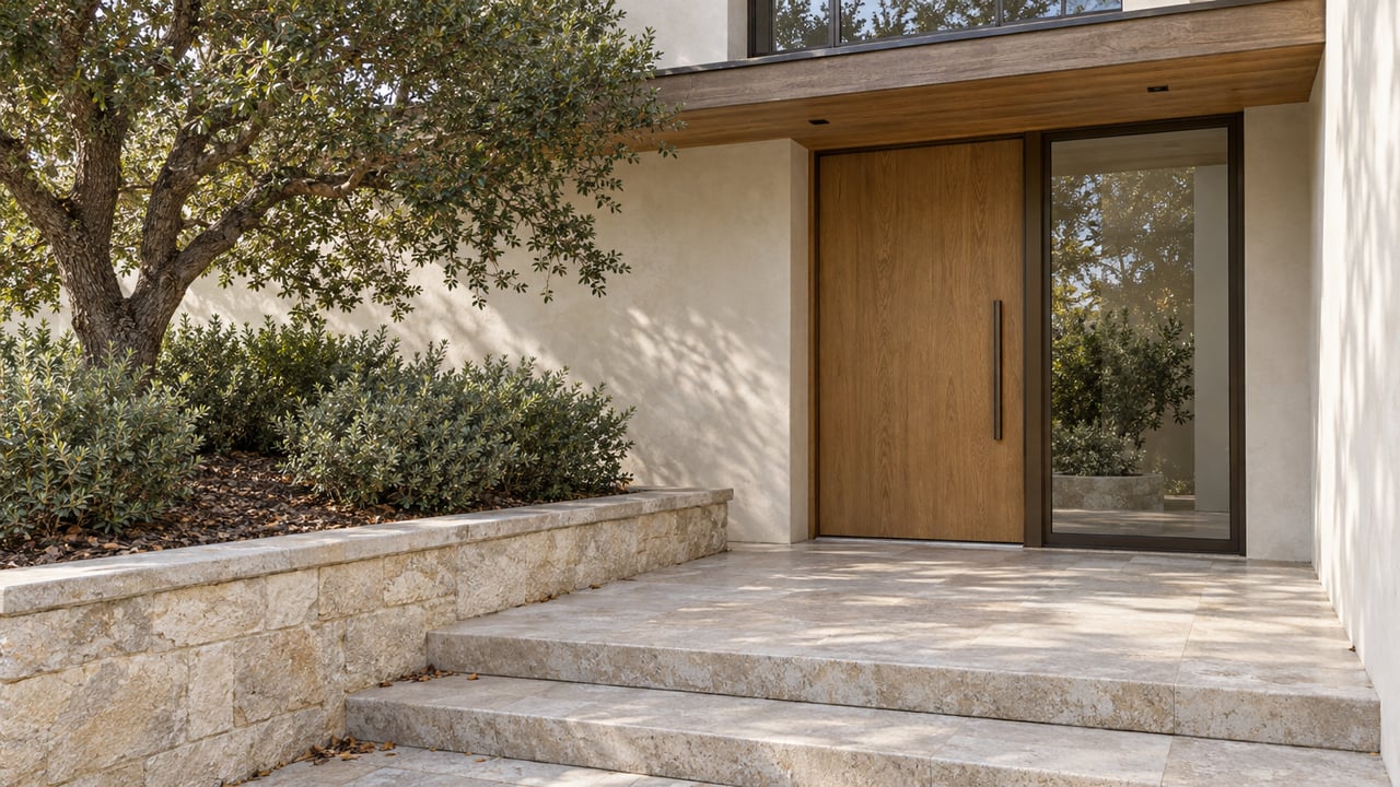 Terraced limestone approach to an oak entry door and bronze-framed glazing, beside a stone planter with a mature oak and manzanita.