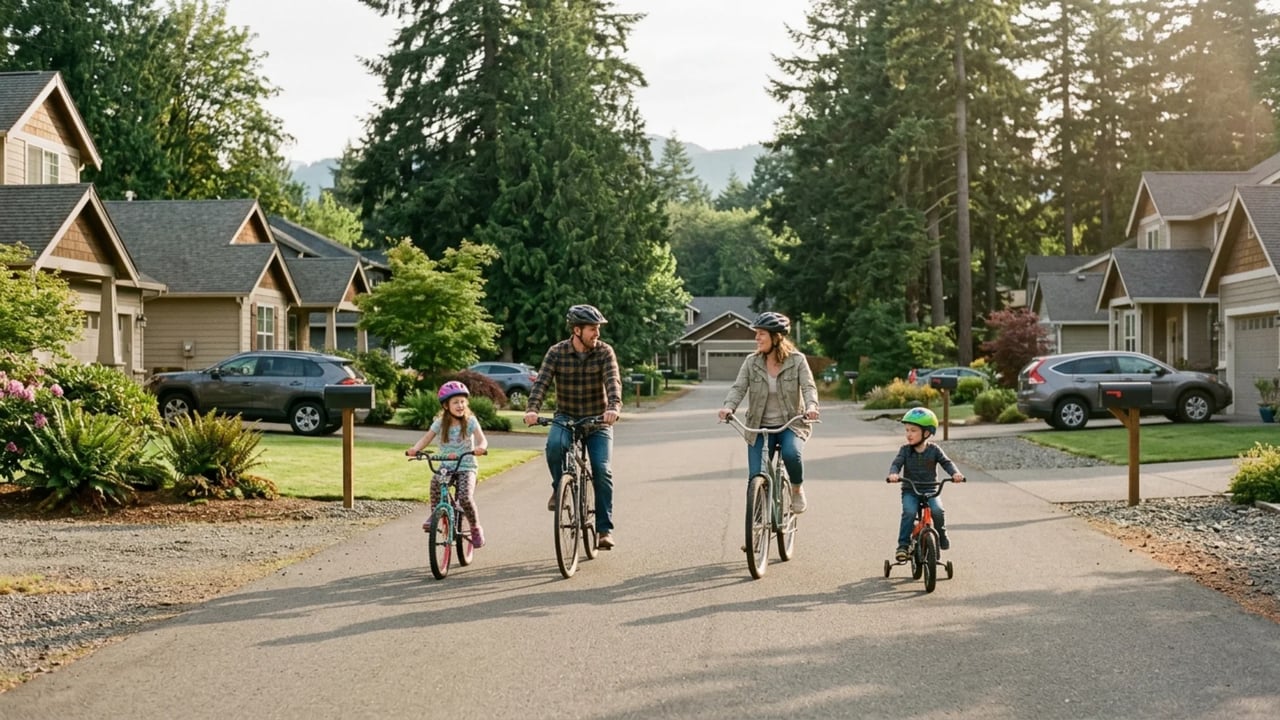 Family walking through a spacious Arlington, WA neighborhood street