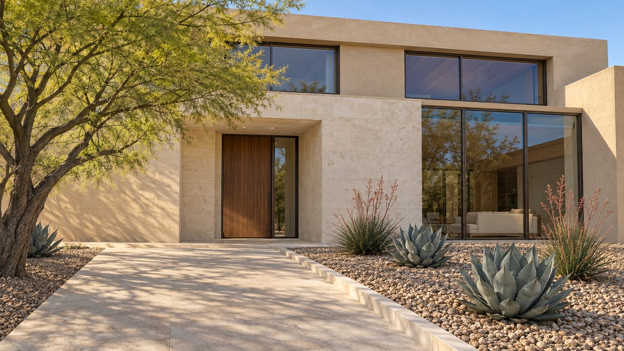 Warm stucco and limestone home with bronze-framed glazing, a broad stone approach and sculptural desert planting.