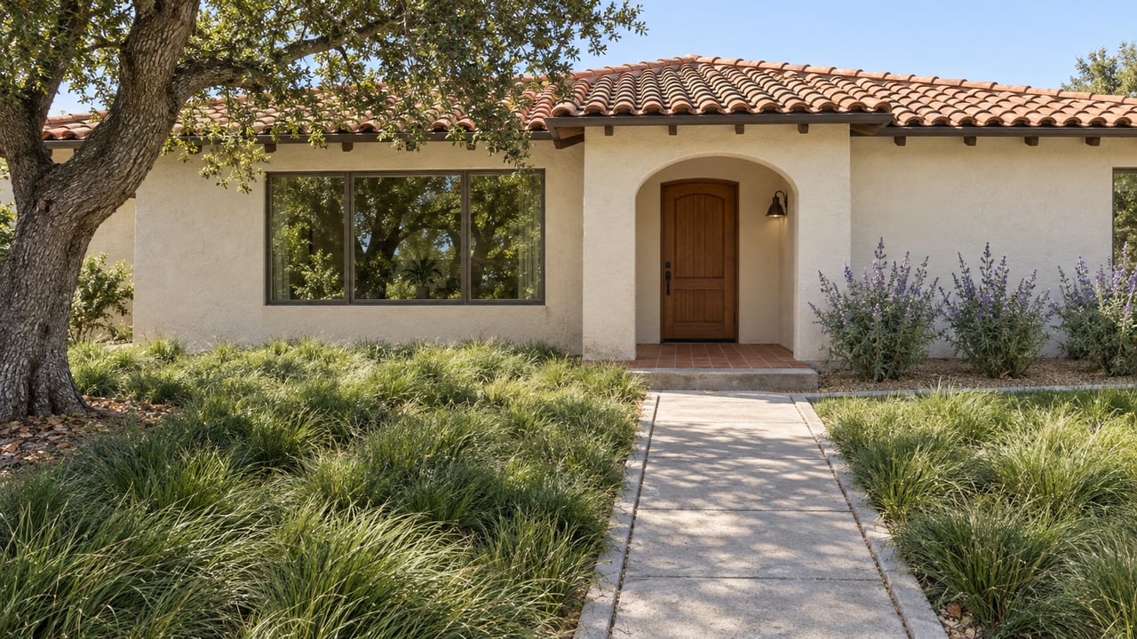 Sunlit single-story stucco home with a clay tile roof, recessed arched entry, broad front garden, and mature oak.