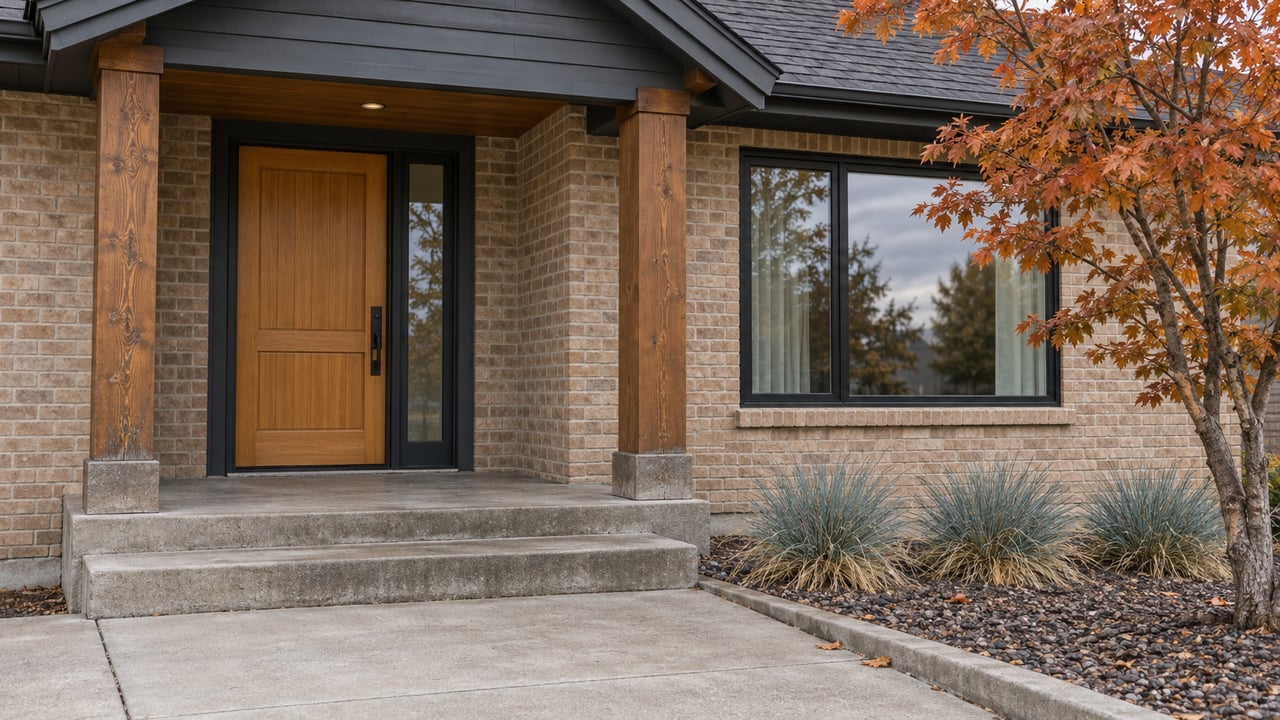 Sheltered gabled home entrance with buff brick, stained timber posts, black-framed glazing and copper-orange maple leaves.