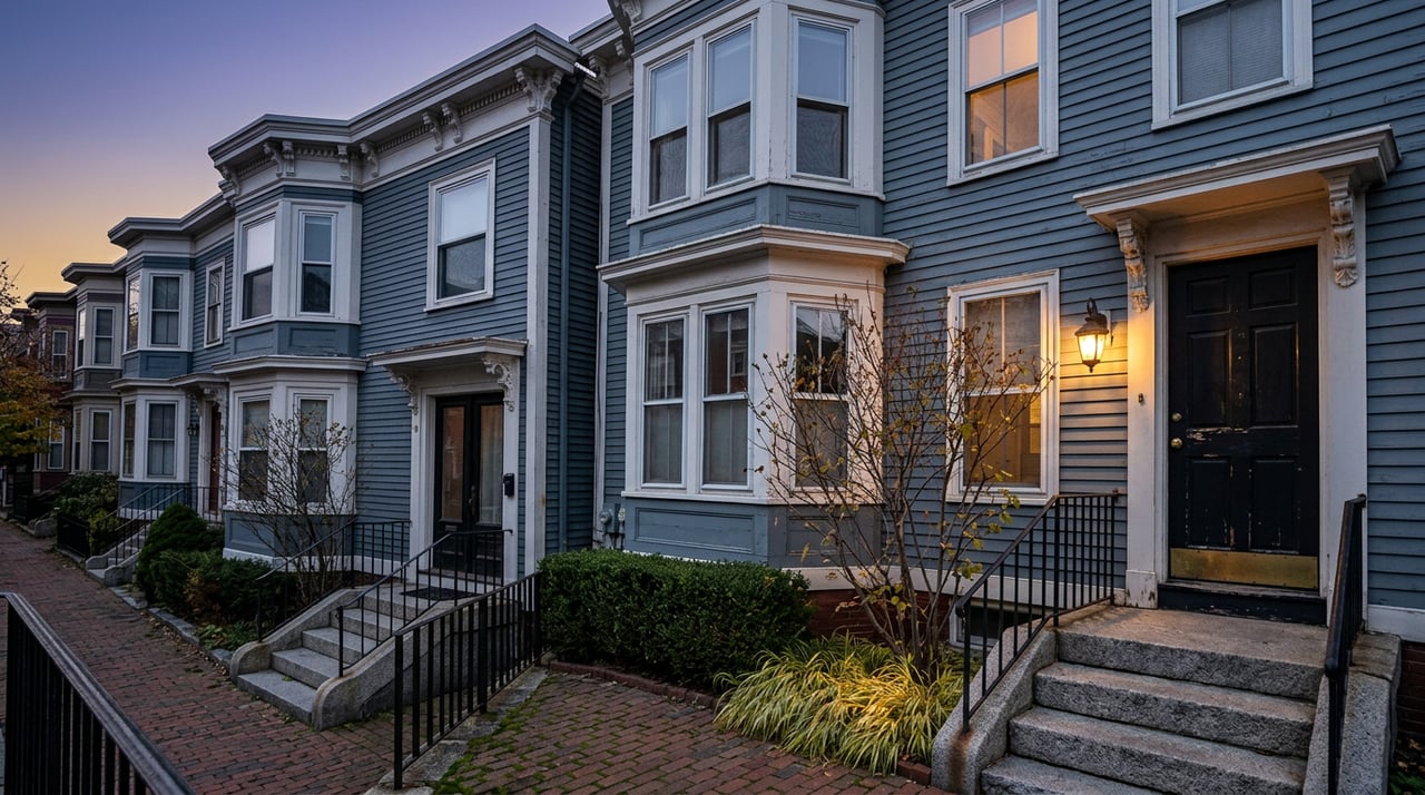 Three-story slate-blue rowhouse with stacked bay windows, glowing entry sconce, and stone stoop at dusk.