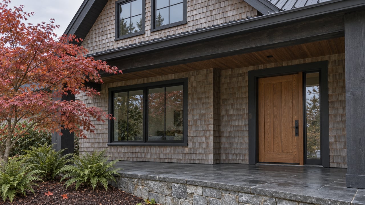 Weathered cedar-shingle home with an oak entry door, black-framed windows, basalt porch and copper-red Japanese maple.