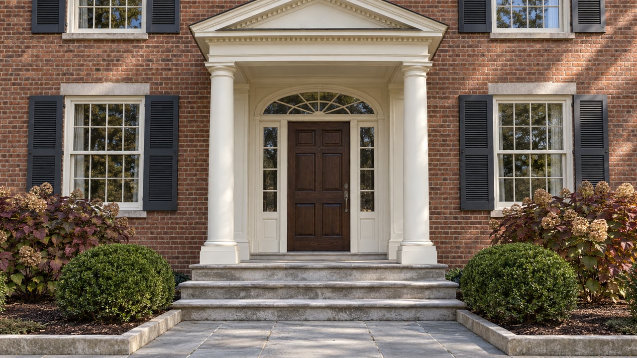 Brick house entry with an ivory classical portico, dark wood door, limestone steps and autumn oakleaf hydrangeas.