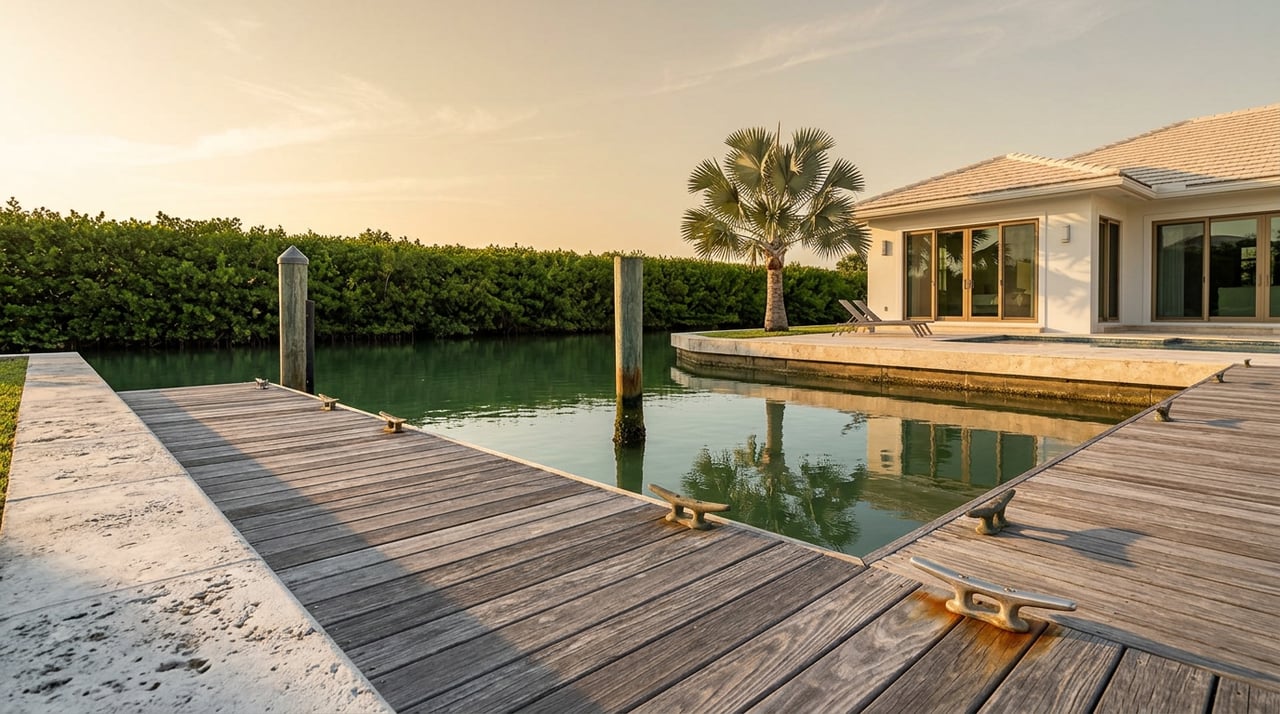 Weathered dock boards and mooring pilings beside a stucco waterfront home, with a silver-blue palm above the terrace.
