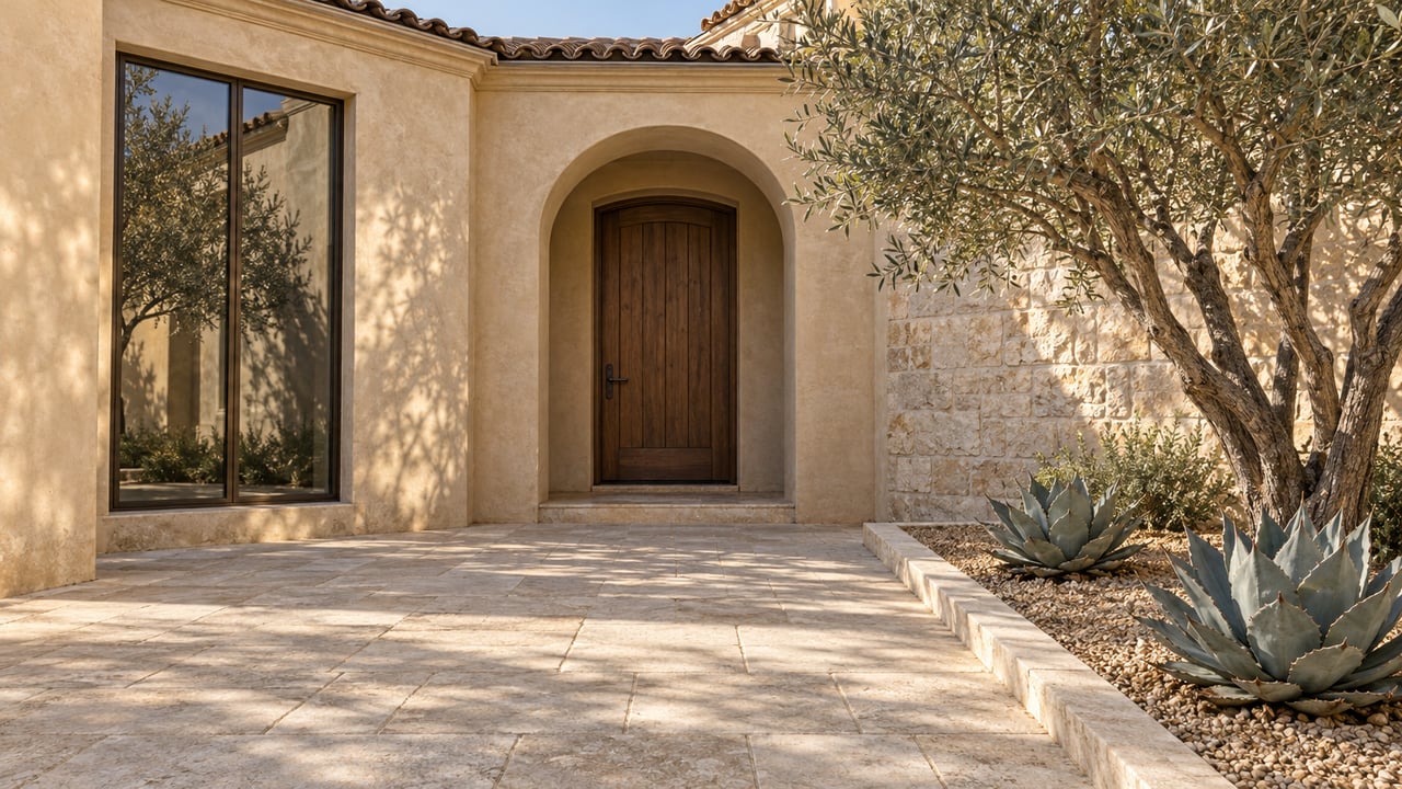 Sunlit stucco entry courtyard with a recessed walnut door, limestone paving, a sculptural olive tree and two agaves.