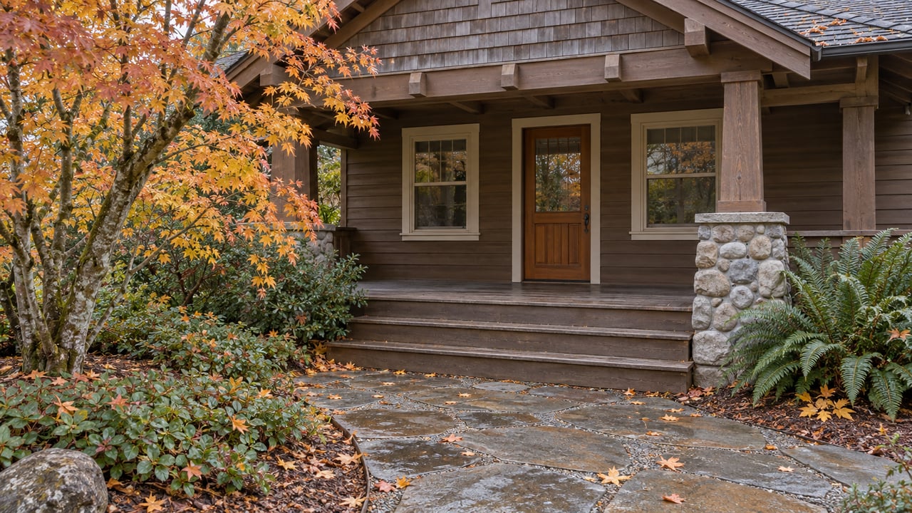 Autumn leaves border a flagstone path leading to a timber porch with river-rock supports and a glazed wooden front door.
