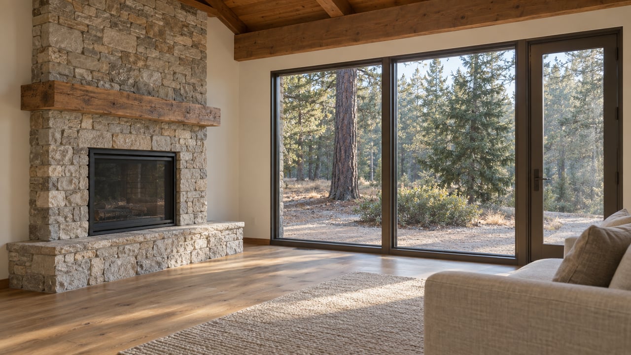 Living room with a pale stacked-stone fireplace, oak mantel, and glazed wall overlooking trees.
