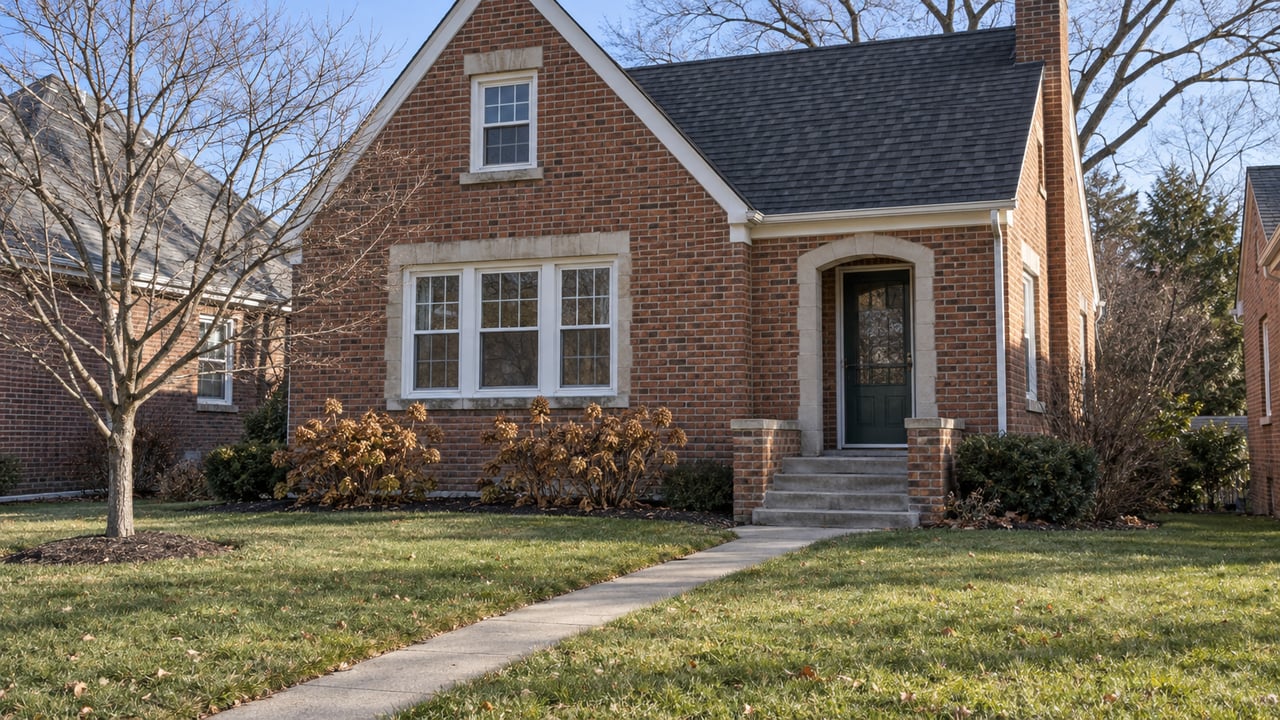 Winter sunlight falls across a red-brick cottage, a deep lawn, and a concrete path beside a leafless flowering dogwood.